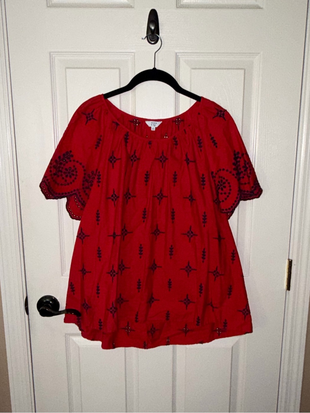 Crown & Ivy Red A-Line Top with Navy Embroidered Motifs✨